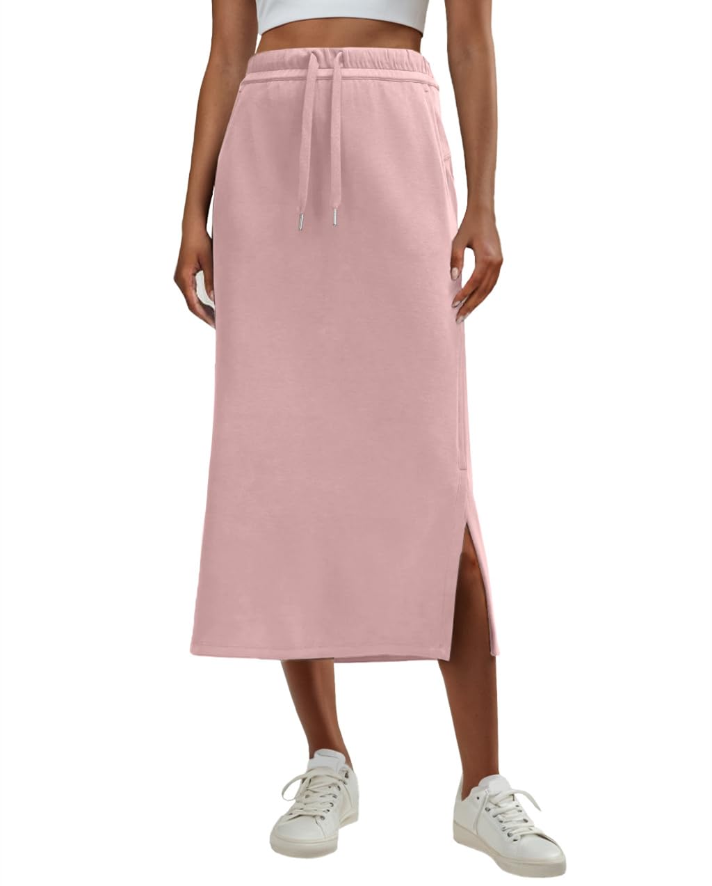 Lepunuo Women's High Waisted Sweat Maxi Skirt with Pockets Slit
