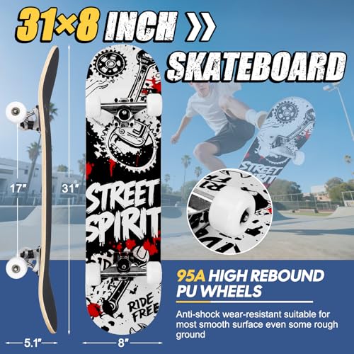 Image of Skateboards for Beginners Adults Youths Teens Kids Girls Boys 31 Inch Pro Complete Skate Boards 7 Layer Canadian Maple Double Kick Concave Longboards
