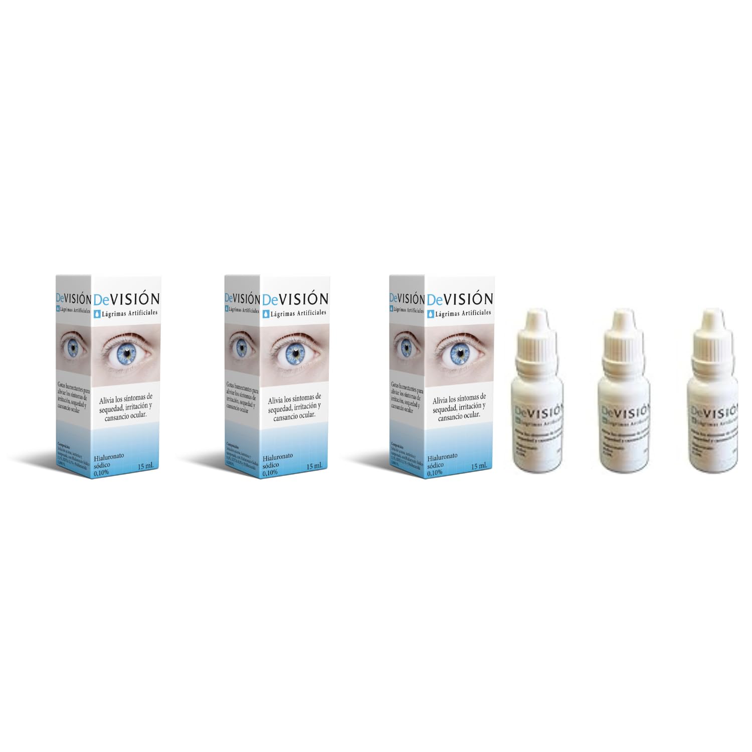 DeVisión Lágrimas Artificiales 15 ml - Pack de 3 Unidades - Gotas Oftálmicas con Hialuronato Sódico 0,10% – Lubricante Ocular para Aliviar la Sequedad, Irritación y Cansancio Ocular – Envase Gotero