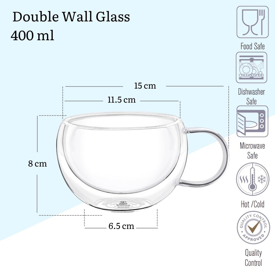 Wilmax - Thermogläser mit Henkel - 6er-Set - 400 ml - Doppelwandige Kaffeegläser - Latte Macchiato Gläser Set - Cappuccino Gläser mit Henkel - Teegläser - Trinkgläser - Thermotasse