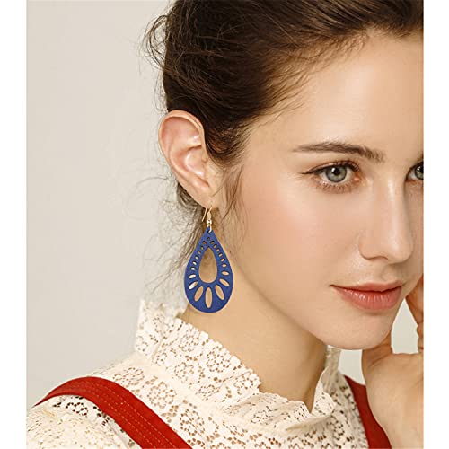 Wuweijiajia 2 Pairs Handmade Lightweight Boho Natural Wooden Teardrop Shape Dangle Drop Earrings Sets For Women Girls Statement Geometry Hollow Wood Water Drop Earrings Jewelry Gifts (Blue) #TOP2