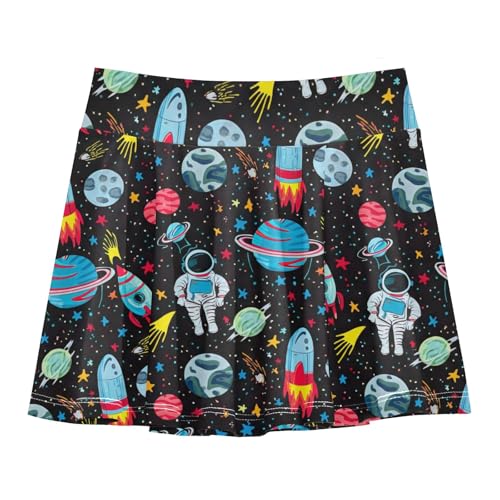 CHIFIGNO Cute Cartoon Astronauts Black Girls' Athletic Skorts Tennis Running Skirts Flowy Dance Skirt with Shorts Size 7-8