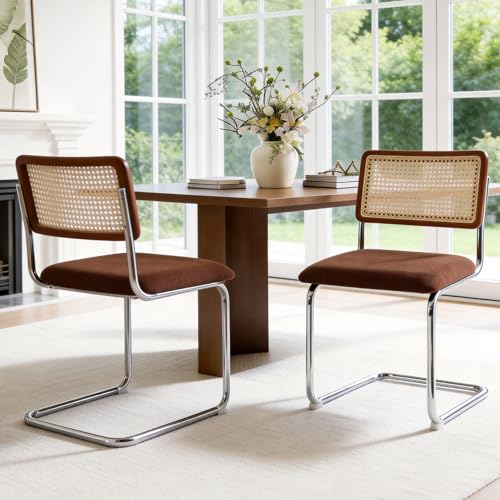 Zesthouse Rattan Dining Chairs Set of 2, Mid Century Modern Dining Room Chairs with Natural Cane Mesh & Chrome Base, Brown Cesca Chair for Kitchen, Breuer Design Inspired, Upholstered Chenille Fabric