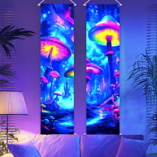CRAFTYMELODY 2 Pack Blacklight Mushroom Tapestry Glow in the Dark Tapestry UV Reactive Starry Wall Hanging 12.9×51 Inch with Ropes Wooden Rods for Bedroom Dormitory Living Room Home Wall Decoration by CRAFTYMELODY - Used condition - US$8.44