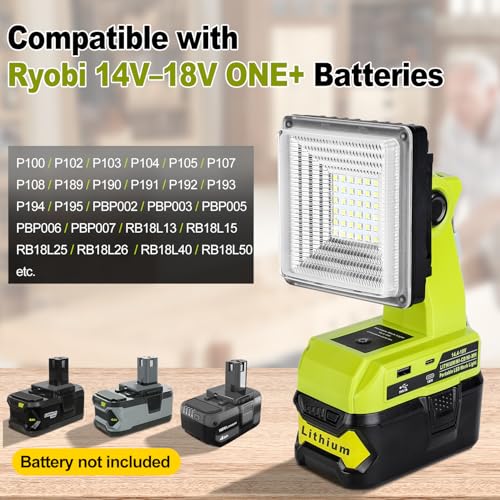 Image of Choerinton Work Light Compatible with Ryobi 18V Battery, 15W Light Cordless Portable Jobsite with USB Charging Port, 1800LM Outdoor Rechargeable LED Floodlight for Car Repair, Camping, Hiking
