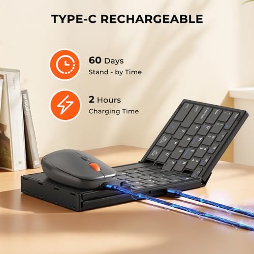 Image of MEETION Foldable Keyboard and Mouse, Portable Folding Wireless Keyboard Mouse, Full Size Rechargeable 2.4G+Dual Bluetooth Keyboards for Business Travel, for Windows /Mac /iOS /Andriod, iPad /Laptop