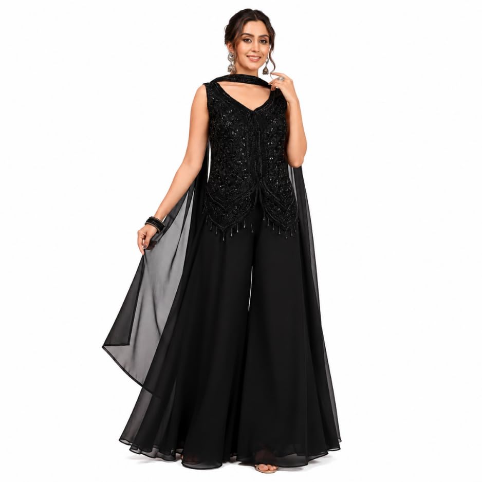 Women's Hand Work Black Georgette Embroidered Sharara Suit Set | Cape-Style Dupatta.Designer Floor Length Ethnic Dress for Wedding, Reception & Evening Events | Black.-image-14