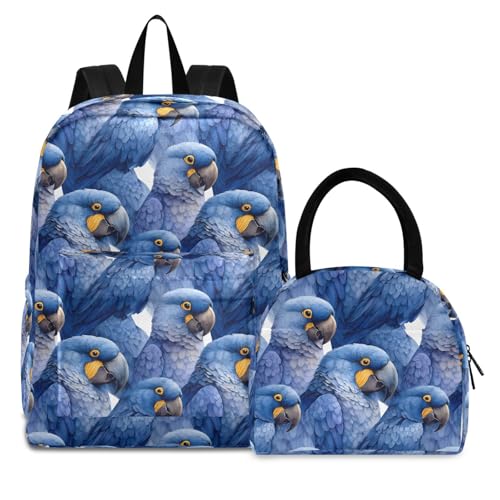 Parrot Watercolor Print Backpack Set with Lunch Bag, Large Capacity Travel Backpacks and Lunch Box Insulated for Commute Hiking Picnic