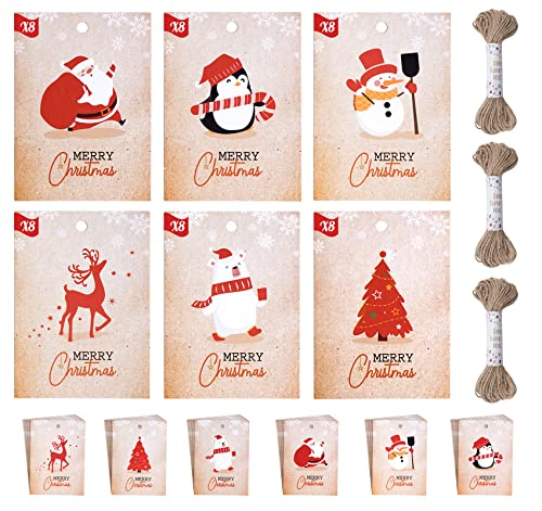 Adorfine 48 etiquetas, color marrón, papel de estraza con cuerda de yute y cordel, colgante de Navidad para envolver regalos Cover