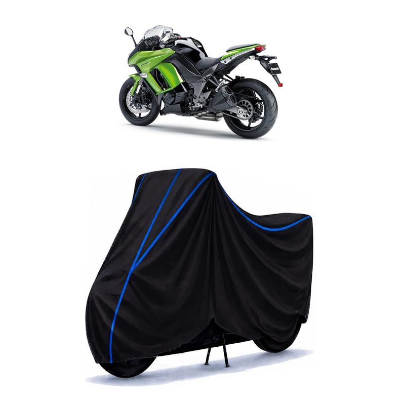 Image of Z 1000 Bike Cover Water Resistant Universal Motorcycle Rain | Heavy Duty UV Protection, Dust, Scratch Indoor Outdoor All Weather with Black Blue Piping Elastic