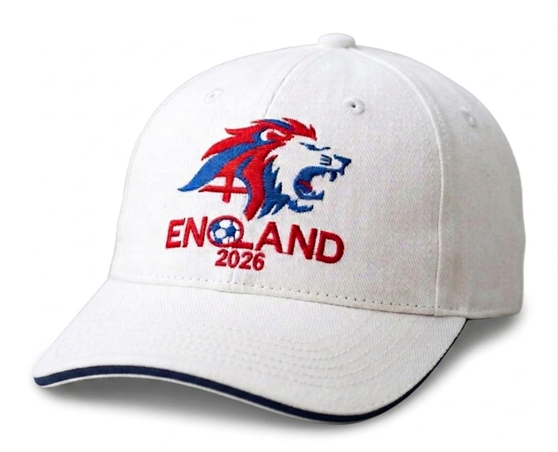 England 2026 Football Baseball Cap, Embroidered Lion Design, Available in White, Pink, and Grey, World Cup Merchandise, Patriotic England Football Gift for Men & Women (White and Blue)