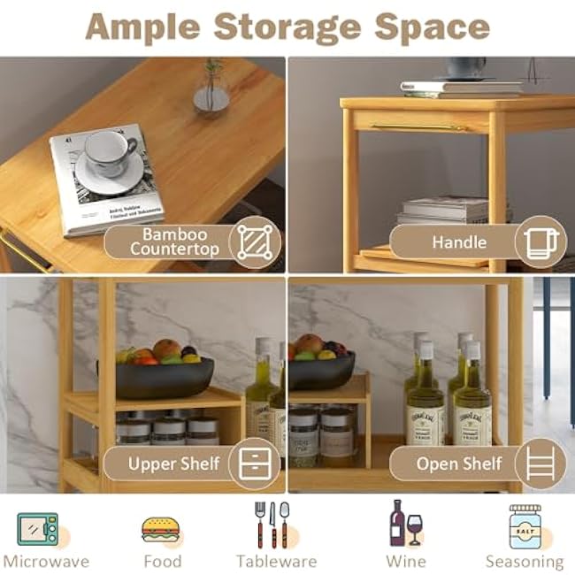 Bamboo Kitchen Rolling Cart w/Wheels, 3 Tier Bamboo Rolling Utility Cart Microwave Stand on Wheels Small Coffee Cart Shelf Rack Organizer for Kitchen, Living Room, Office-2cwFtXYE