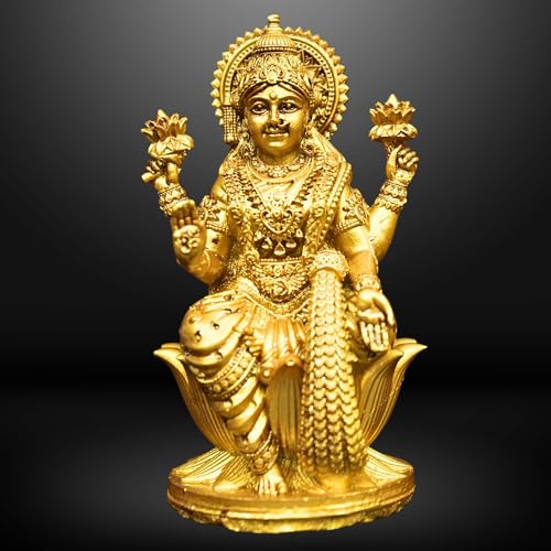 Image of Goddess Lakshmi Laxmi Devi MATA Idol - 4.5 Inches Polystone Material Murti - Colour - Brass, Silver - Perfect Statue for Car Dashboard, Home, and Office Decor Indian God Small Size (Brass)