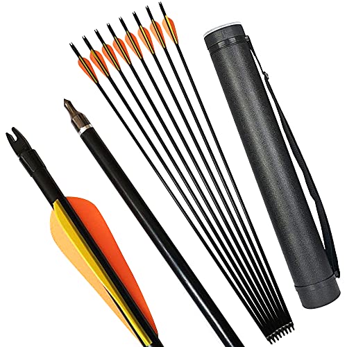 MILAEM 31.5インチ ガラス繊維矢 狩猟矢 完成矢 ネジポイント 交換可能矢頭 グラスファイバーアロー アーチェリー弓矢 練習矢 リカーブボウ/コンパウンドボウに適用 12/24PCS (黄色い矢+矢筒, 12本)