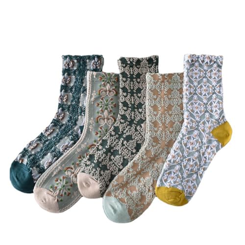 AEKZOX 5 Pares de Calcetines Mujer Vintage de Algodón con Flores