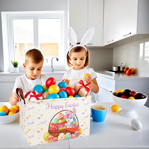 Image of Easter Basket for Kid Large Empty Baby Rectangular Cute Easter Gift Storage Basket Bunny Eggs Decor (Rabbit Purple Bow Tie)