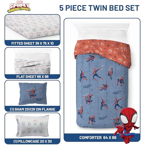 Image of Marvel Spiderman Twin Comforter Set 5 Piece Bedding for Boys, Blue | Bed in a Bag, Comforter Sheets Sham Pillowcase, Official Product, Soft Microfiber, Machine Washable, Easy Care, Boys Gift