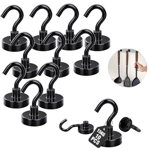 Giantzhong 10 Stück Magnethaken Extra Stark, 20 X 33 mm Magnet Haken, 15kg Neodym Magnete Stark für Camping Gadgets, Werkstatteinrichtung, kühlschrank, Küche, Badezimmer More