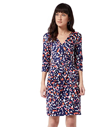 Image of Miss Chase Women's Multicolored-Base-Navy Blue V-Neck 3 /4th Sleeve Animal Wrap Knee Length Dress