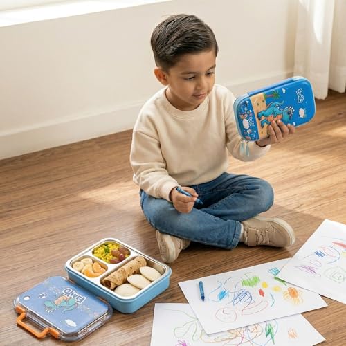 Image of Famyo Rexy Dino School Essentials Kit Lunch Box & Pencil Pouch | Leakproof 3-compartment bento lunch box with hard shell pencil case, ideal school combo for kids