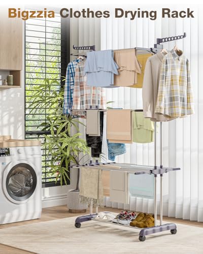 Bigzzia Clothes Drying Rack Folding Drying Rack Clothing 4 Tier Clothes Horses Rack Stainless Steel Laundry Drying Rack with Two Side Wings Grey