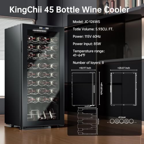 Image of KingChii 45 Bottle Wine Cooler Refrigerator Freestanding Wine Fridge - Intelligent Digital Control, Low Noise Professional Compressor, Tempered Glass for Home, Kitchen, or Office