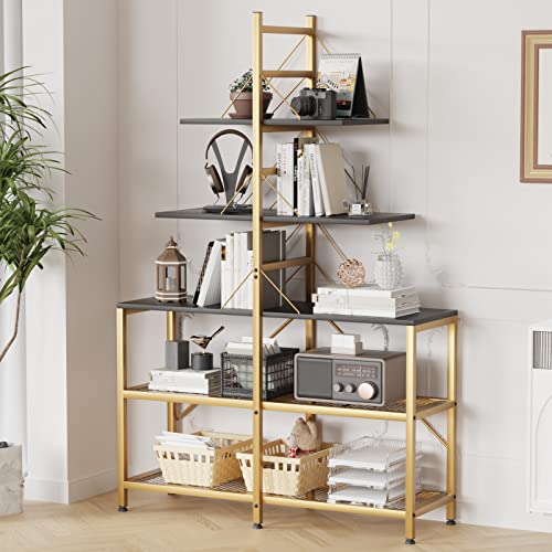 Yaohuoo 65.7" Modern Bookshelf, 5 Tier Suspension Bridge Design Tall Bookcase, A Frame Ladder Shelf With Open Display Shelf And Metal Frame For Bedroom,Home Office (Gold) #TOP26