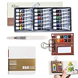 Mini Watercolor Paint Set, 12 Colors Travel Watercolor Set with Walnut Wood Palette & Sketchbook, Portable Pocket Art Kit for Beginners & Artists, Outdoor Painting Supplies (8 Squares 12 Colors)