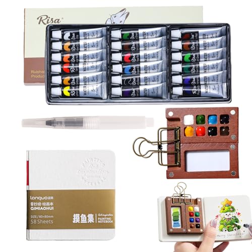 Mini Watercolor Paint Set, 12 Colors Travel Watercolor Set with Walnut Wood Palette & Sketchbook, Portable Pocket Art Kit for Beginners & Artists, Outdoor Painting Supplies (8 Squares 12 Colors)