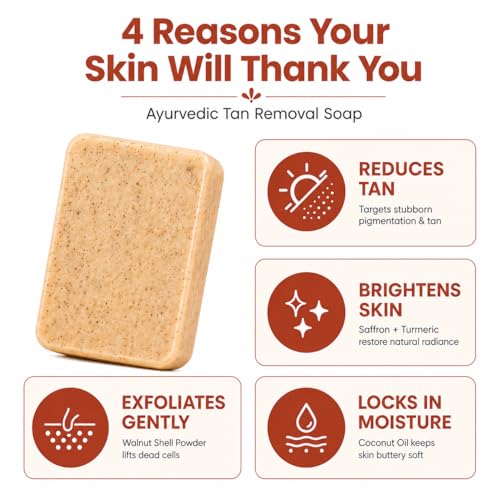 Image of The Wellness Shop Sandalwood Saffron Detan Soap | Dark Spot, Tan Removal Skin Brightening, Exfoliating Soap | Chandan Kesar Handmade Bathing Bar | Paraben Free | Face Body Soap for Men Women| Pack of 1