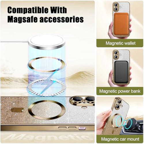 Image of Misscase for iPhone 16 Magnetic Glitter Case Compatible with MagSafe,Camera Lens Protector Full Protection Elegant Anti-Scratch Dust-Proof Net Case Cover for iPhone 16 Gold