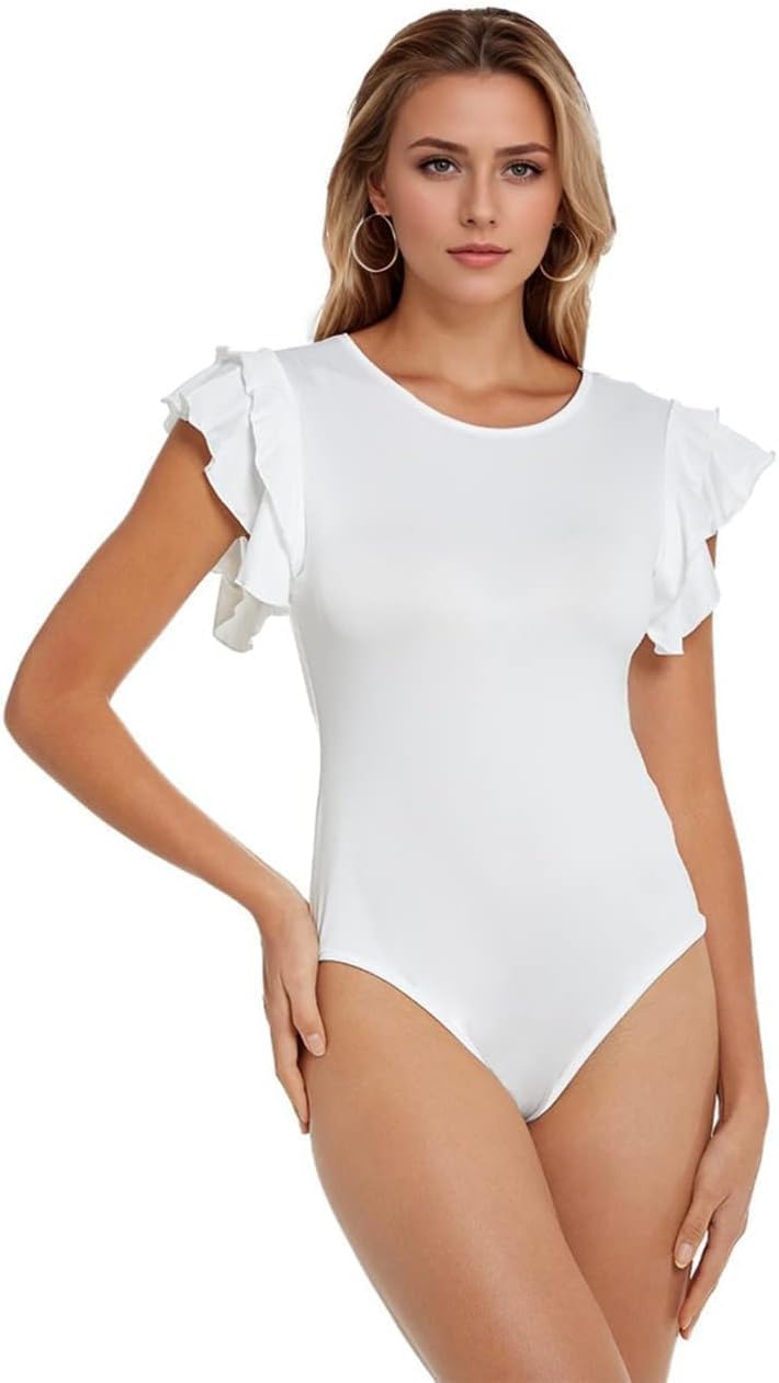 Body Mujer Sexy Doble Volante Manga Corta Cuello Redondo Elegante Bodysuit Verano Leotard Tops Color Sólido para Fiesta Club