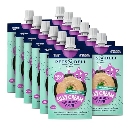 Pets Deli Nassfutter Silky Cream für Katzen mit Ente und Wachtelei - ohne Zucker und Getreide, 12x70g