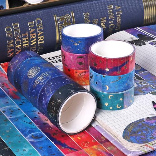 Cotrida Galaxy Purple Washi Tape - Gold Foil Washi Masking Tape with Constalation, Blue Sky, Moon, Star, Celestial, Perfect for Bullet Journal, DIY Crafts