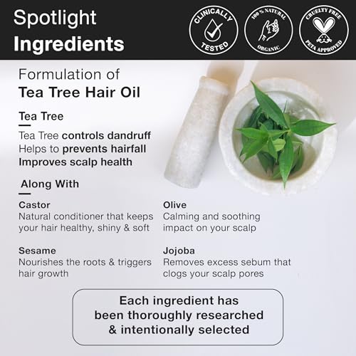 Image of Soulflower Tea Tree Hair Oil | Hair Growth, Scalp Nourishment, Anti Dandruff | Pure, Natural, & Cold Pressed | Tea Tree Essential Oil, Castor, Sesame, Olive & Jojoba Oil | 120ml