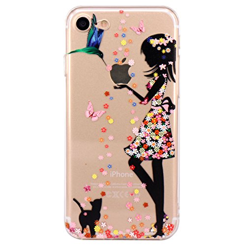iPhone 7 Case, JAHOLAN Cute Design Clear Bumper TPU Soft Case Rubber Silicone Skin Cover for iPhone 7 - Flower Pretty Girl