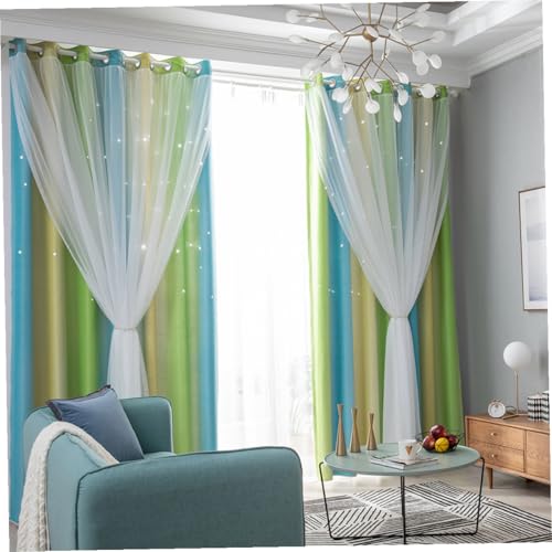 Rideau occultant double couche pour salon ambiance ciel étoilé vert