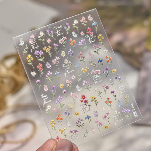 Image of Flower Nail Stickers Wildflower Nail Art Stickers with Butterfly Design 5D Embossed Self Adhesive Spring Nails Decals Charms Supply Decoration Accessories for Women
