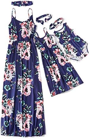 IFFEI Mommy and Me Matching Dress Spaghetti Strap Summer Casual Sundress Beach Sleeveless Dress with Headband Blue 8-9 Years