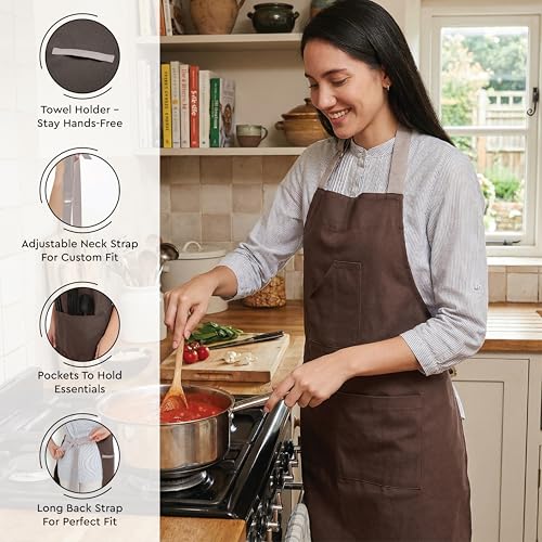 Image of Encasa XO 100% Cotton Apron Set for Women & Men with Adjustable Apron, Oven Gloves & Pot Holder (Pack of 3) Combo, Heat-Resistant, Soft & Durable for Cooking, Baking & Grilling (Dark Taupe & Beige)