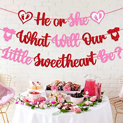 Image of FestikoHe or She What Will Our Little Sweetheart Be Banner Happy Valentine's Day Theme Glitter Pink Red Glitter Party Decorations Supplies