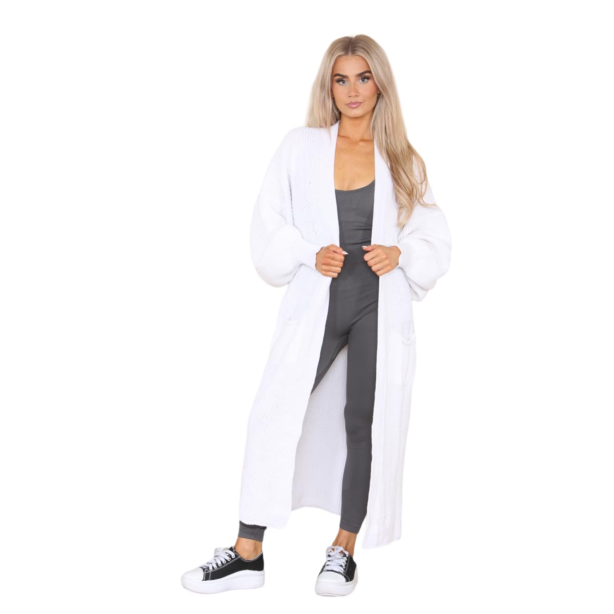celebmodelook Womens Balloon Sleeve Cardigan Ladies Chunky Knitted Open Front Winter Oversized Long Maxi Cardigan White