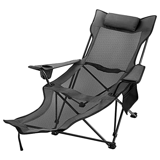 Happybuy Folding Camp Chair with Footrest Mesh, Portable Lounge Chair with Cup Holder and Storage Bag, for Camping Fishing and Other Outdoor Activities (Grey)