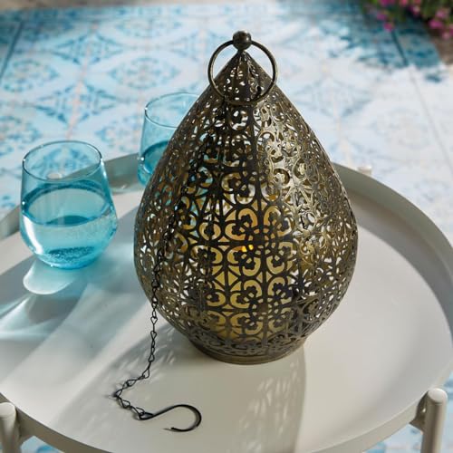 USB Rechargeable Oriental Style LED Lantern - 8 Lumen Weatherproof Freestanding or Hanging Indoor Outdoor Home Garden Light for Wall, Fence, Tree, Patio, Decking, Pergola – Bronze, H68 x 18cm Diameter