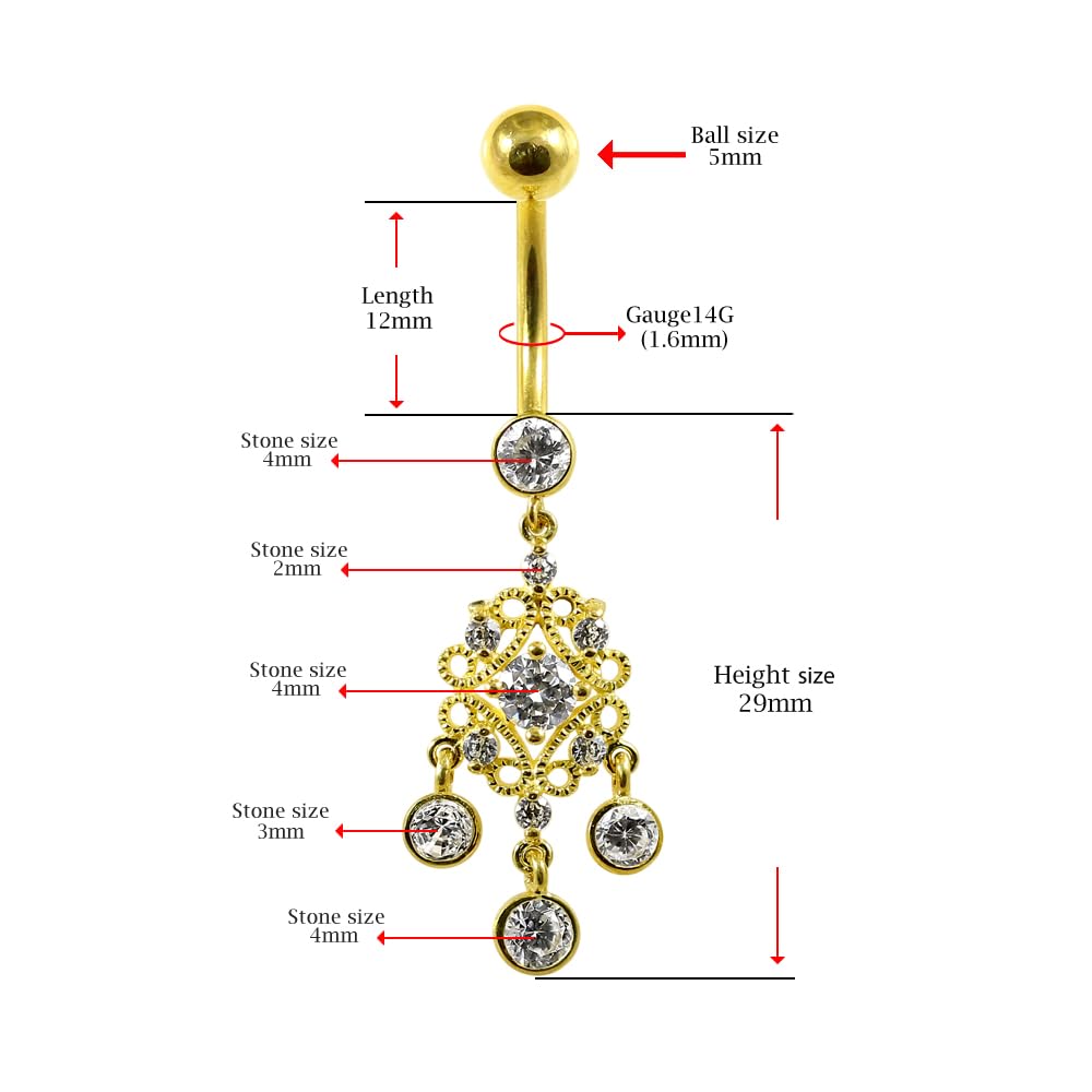 Piercing para el ombligo de oro amarillo macizo de 14 quilates con piedra de circonia cúbica, diseño floral, joyería de ombligo de 14 quilates, calibre 14, 14 Gauge - 12mm Length,