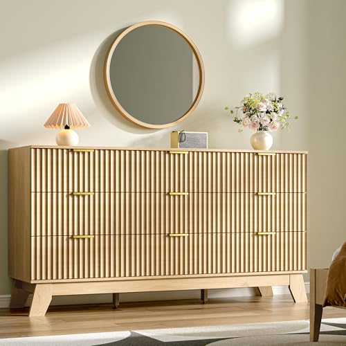 Image of HUANLEGO Fluted Dresser for Bedroom with 9 Drawers, 57 inch Mid Century Modern Dresser of Closet TV Stand, Nature Wood Dressers with Gold Handle, Boho Closet Wide Modern Chest of Drawers, Natural