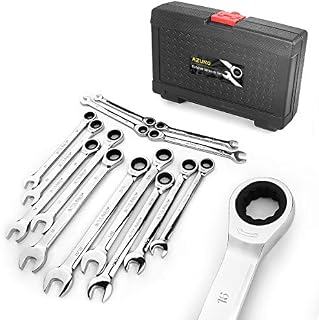 AZUNO Ratchet Spanner Set, 14-Piece Metric & SAE Combination Spanners, Chrome Vanadium Steel Combination Spanner Set with Deluxe Case