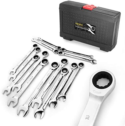 AZUNO Fixed-Head Ratcheting Wrench Set, 14-Piece Metric 8-16mm & SAE 5/16"-11/16" Combination Spanner Kit, Chrome Vanadium Steel with Deluxe Case