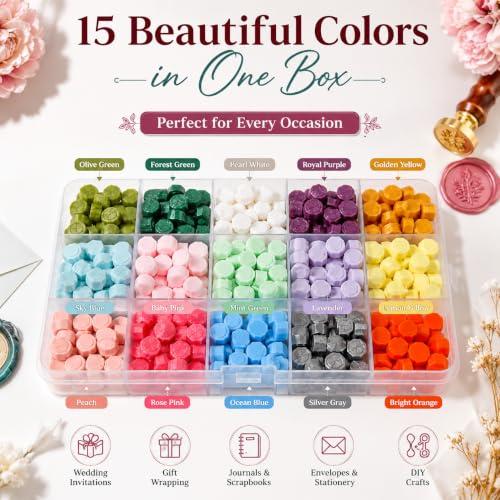 Image of CURATED CART Wax Seal Beads Kit 300 Pieces- 15 Colors Sealing Wax Beads with Organizer Case, Wax Stamp Beads for Wedding Invitations, Envelope Seals, Gift Wrapping, Card Making & DIY