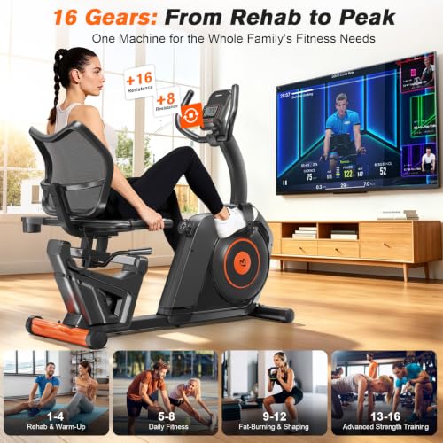 Image of pooboo Recumbent Exercise Bike, Stationary Bikes for Home with Arm Exerciser, Magnetic Recumbent Bike with Ergonomic Backrest & Comfortable Seat, Smart APP, Pulse Sensor, 400LBS Weight Capacity